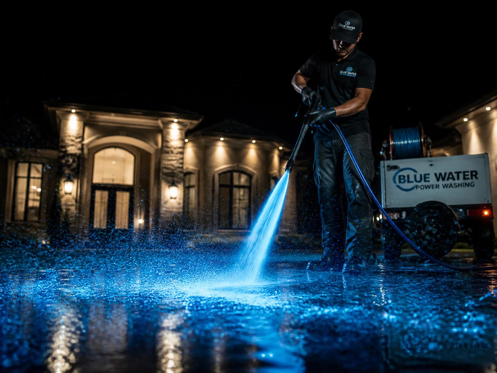 Professional pressure washing with electric blue water spray